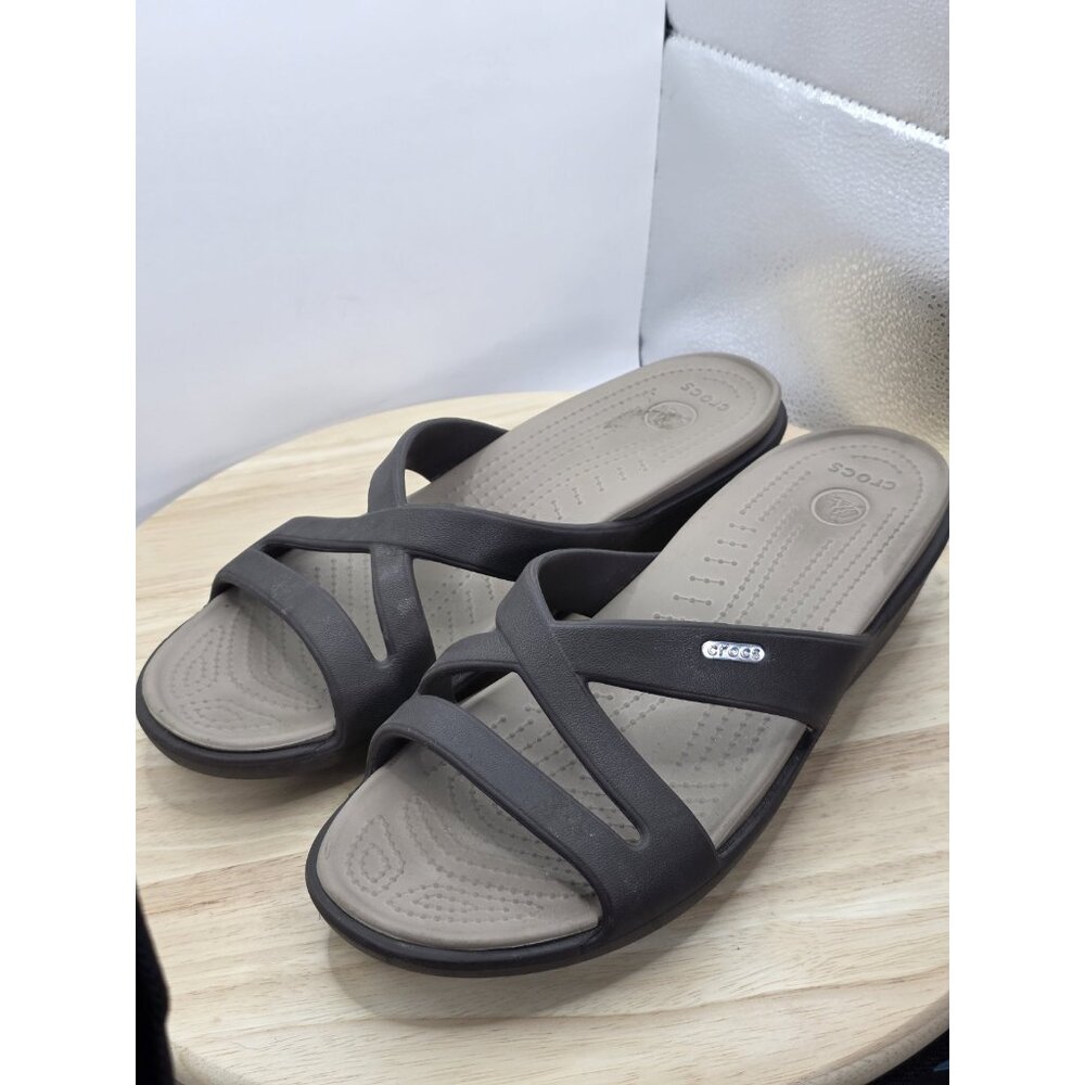 CROCS Patricia II Womens Size 11 Brown/Tan Criss Cross Low Wedge Sandals - Picture 7 of 9